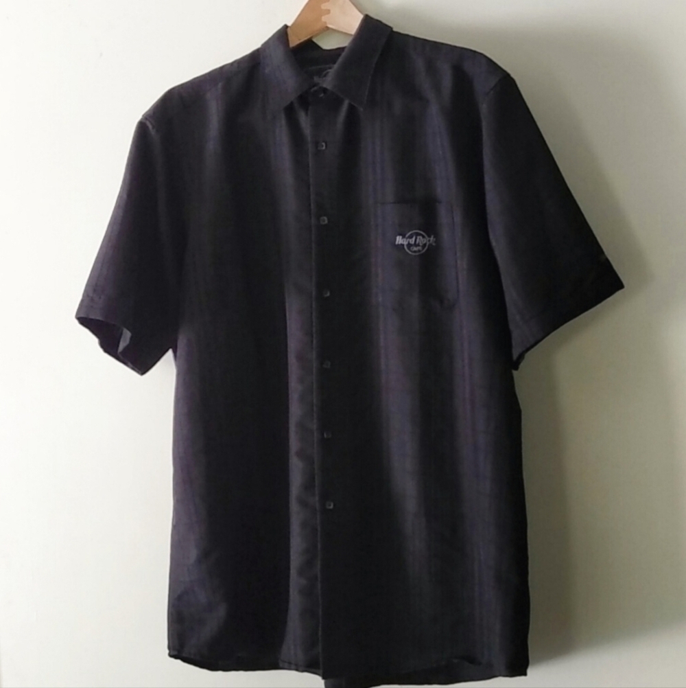 Hard Rock Cafe Orlando Black Striped Button Up Shirt Men's Large L Suviener EUC